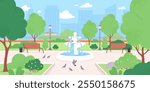 Urban park landscape. City square with fountain streetlights and benches, lawn and green tree. Public recreation nature area, racy vector scene