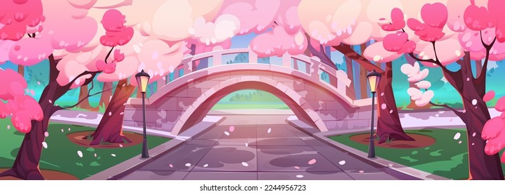 Calle de parque urbano con puente bajo los florecientes sakura. Dibujo vectorial de la flor del cerezo con flores rosadas, farolillos, callejón, césped verde en el jardín de la ciudad. Hermoso paisaje primaveral