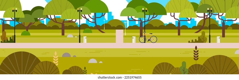 Urban park outdoor and city park beautiful day landscape horizontal banner flat vector illustration.
