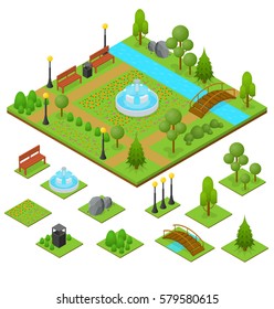 Urban Park and Part Set Isometric View Design Element for Garden Landscape Leisure and Recreation for Family. Vector illustration