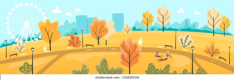 Urban park scenery with people. Autumn cityscape banner. Fall city design. Vector illustration, cartoon flat style.