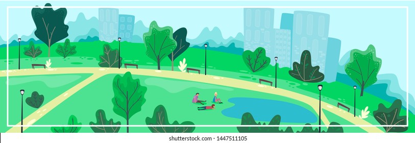 Urban park scenery with people. Summer cityscape banner. Vector illustration, cartoon flat style.