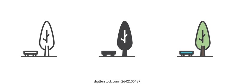 Urban park tree icon in line, solid and filled outline styles with bench element. Vector landscape symbol for park and nature-related themes.