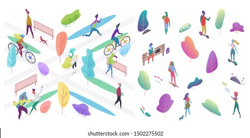 Urban park vector isometric illustration. People outdoor leisure activity, pastime. City center park, botanical garden 3d clipart on white background. Man strolling, jogging,woman with dog walking