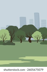 Urban Park View. A lush green park with trees and a city skyline in the background, creating a serene balance between nature and urban life. Flat vector illustration.