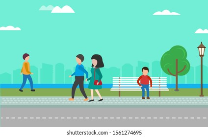 Urban park and walking next to road people couple and men vector illustration cartoon flat style. City houses, water, clear sky background. Walk along promenade outdoors.