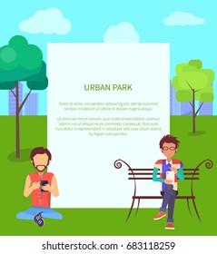 Urban park web banner with male sitting on bench with gadget and man with mobile phone sitting on ground, vector illustration with spare pace for text