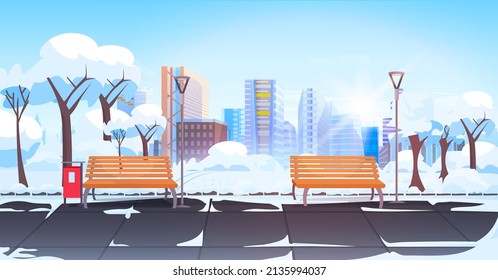 urban park with wooden benches in winter season cityscape background horizontal vector illustration