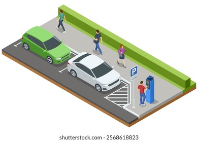 An urban parking setup shown in isometric view with multiple cars, pedestrians, and a parking meter. Clean design and a vibrant urban environment