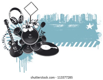 urban party with music things and grunge background