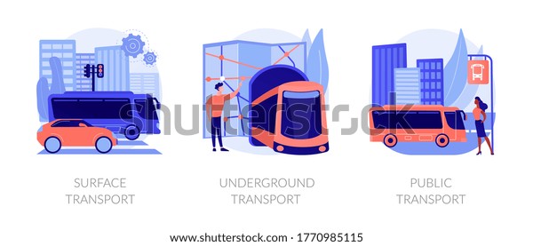 Urban passengers transportation icons set.
City commute bus, subway. Surface transport, underground transport,
public transport metaphors. Vector isolated concept metaphor
illustrations.
