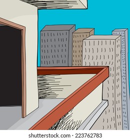 Urban patio with open door in cartoon city