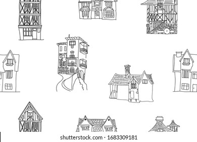 Urban pattern of European city buildings. Seamless pattern with building facades. Flat vector illustration in sketch style. Street with stores, shops, sidewalk cafe, restaurant, bakery, coffee house. 