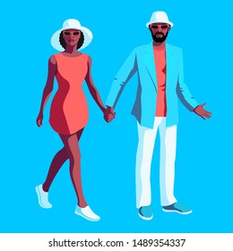 Urban people, african americans. Couple in love, man and woman, in full height, hand in hand, wearing summer clothes, white hats and sunglasses. Vector illustration