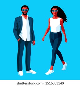 Urban people, african americans. Couple in love, man and woman, in full height, wearing summer clothes, jeans, sneakers and sunglasses. Vector illustration