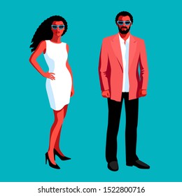 Urban people, african americans. Couple in love, man and woman, standing in full height, wearing casual clothes and sunglasses. Vector illustration