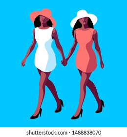 Urban people, african americans. Two girls in full height, hand in hand, wearing summer clothes and big hats. Vector illustration