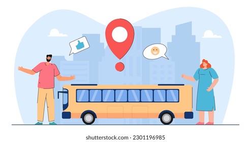 Urban people approving public transport vector illustration. Cartoon drawing of happy man and woman and yellow bus, location pin. Public services, transportation, community concept