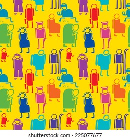 Urban people colorful silhouette stylization with different types of people seamless vector pattern illustration