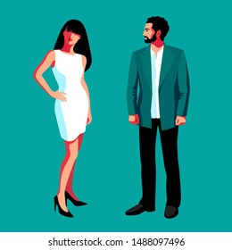 Urban people, couple in love. Young man and woman standing in full  height, in casual summer clothes. Vector illustration