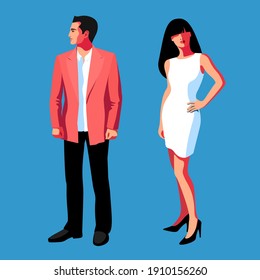 Urban people, couple in love. Young man and woman standing in full length, in casual summer clothes. Vector illustration