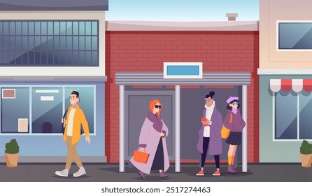 Urban people. Fashioned characters in trendy clothes walking in city streets exact vector outfits persons