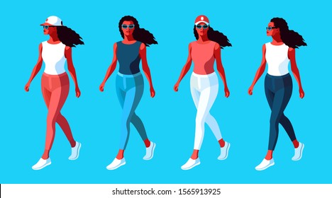 Urban people, Four young african girls, in full height, wearing summer clothes, jeans, sneakers, baseball caps and sunglasses. Vector illustration