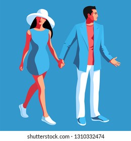 Urban people, male and female characters, in casual summer clothing. Couple in love, man and woman, in full  height, walking hand in hand. Vector illustration
