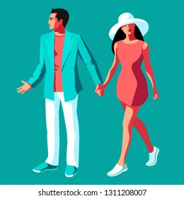 Urban people, male and female characters, in casual summer clothing. Couple in love, man and woman, in full  height, walking hand in hand. Vector illustration