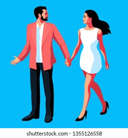 Urban people, male and female characters, in casual summer clothing. Couple in love, man and woman, in full  height, walking hand in hand. Vector illustration