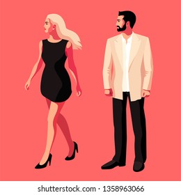 Urban people, male and female characters, in full  height, wearing casual summer clothing. Vector illustrationVector illustration