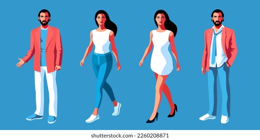 Urban people. Men and women walking in casual summer clothes. Set of male and female characters, full  height. Vector illustration