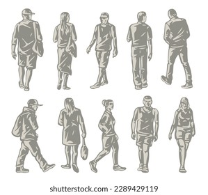 Urban people monochrome set labels with men and women in clothes for street walks or going to work vector illustration