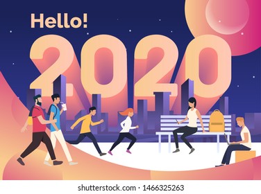 Urban people running, walking and using phone and computer outdoors. Hello 2020 concept. Vector illustration can be used for banners, posters, calendar pages