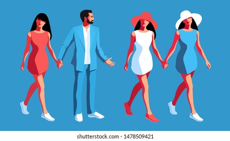 Urban people. Set of male and female characters in full height, in casual summer clothes. Vector illustration