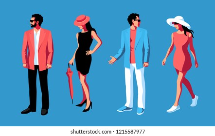 Urban people standing in casual summer clothes. Set of male and female characters in full height. Vector illustration