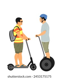Urban people transportation electric vehicle gadget vector illustration isolated. Man ride electric scooter. Wheel board boy outdoor. Scooter male friends on street. Fast delivery transport by wheels.