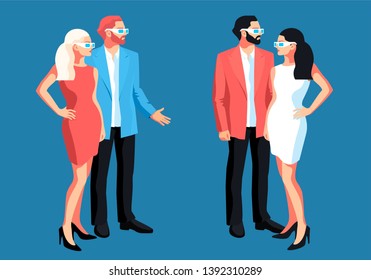 Urban  people. Two couple wearing casual summer clothing and sunglasses. Set of male and female characters,  in full  height. Vector illustration