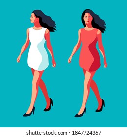 Urban people. Two girls wearing summer dresses, goes in full length, side and front view faces. Vector illustration