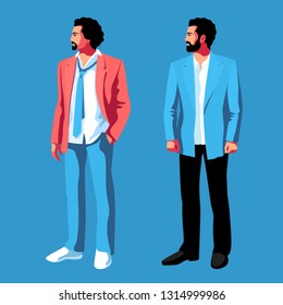 Urban people. Two men wearing casual clothes, standing in full height. Vector illustration