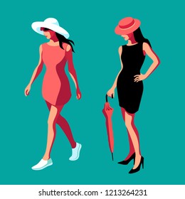 Urban people. Two women in full height walking in casual summer clothes. Vector illustration