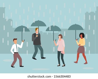 Urban people under umbrellas in rainy day vector illustration. Rain, grey clouds and bad weather in the cities.