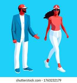 Urban people, young african americans. Couple in love, man and woman, in full height, wearing summer clothes, jeans, sneakers, baseball caps and sunglasses. Vector illustration