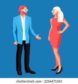 Urban people. Young man and woman in full  height, standing face to face, wearing casual summer clothes. Vector illustration