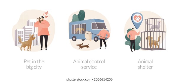 Urban pets abstract concept vector illustration set. Pet in the big city, animal control service, animal shelter volunteer, rescue service, walking place, stray dogs and cats abstract metaphor.