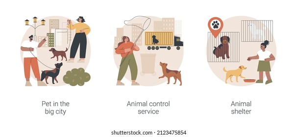 Urban pets abstract concept vector illustration set. Pet in the big city, animal control service, animal shelter volunteer, rescue service, walking place, stray dogs and cats abstract metaphor.