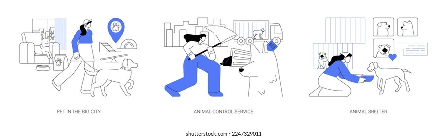 Urban pets abstract concept vector illustration set. Pet in the big city, animal control service, animal shelter volunteer, rescue service, walking place, stray dogs and cats abstract metaphor.