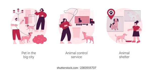 Urban pets abstract concept vector illustration set. Pet in the big city, animal control service, animal shelter volunteer, rescue service, walking place, stray dogs and cats abstract metaphor.