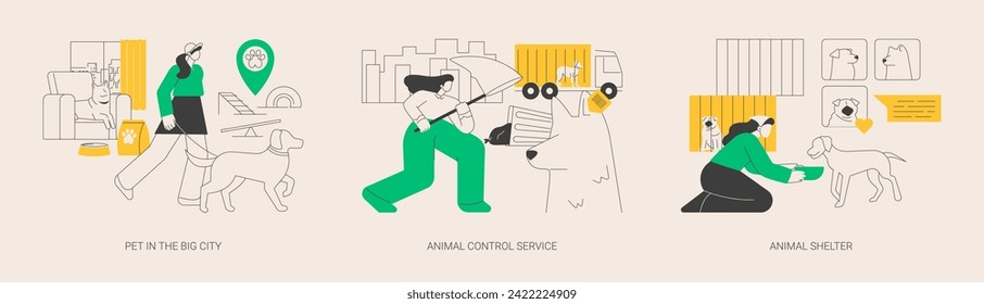 Urban pets abstract concept vector illustration set. Pet in the big city, animal control service, animal shelter volunteer, rescue service, walking place, stray dogs and cats abstract metaphor.