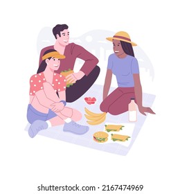 Urban picnic isolated cartoon vector illustrations. Group of friends have picnic in the city park, snacking and drinking juice, people urban lifestyle, summer weekend together vector cartoon.